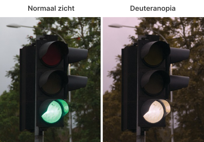 Het verschil tussen normaal zicht en deuteranopia (rood-groen blindheid) in een stoplicht