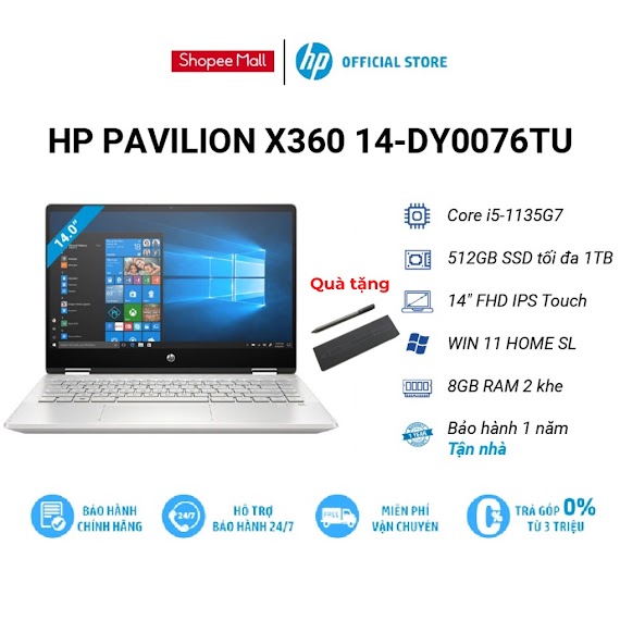 [Mã Elhp12 Giảm Đến 2Tr2] Laptop Hp Pavilion X360 14 - Dy0075Tu 46L93Pa|I7 - 1165G7|8Gb Ram|512Gb Ssd|14"Fhd|Win11