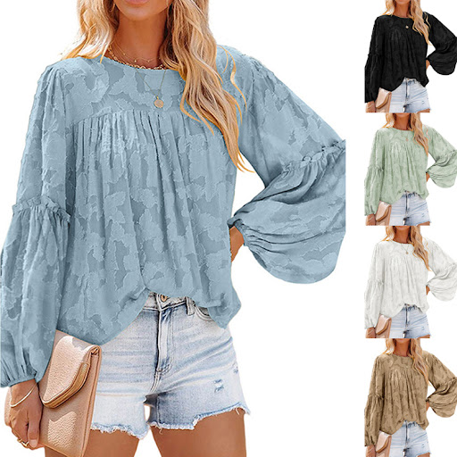 Title 12, Loose Puff Sleeve Solid Color Round Neck Pullov...