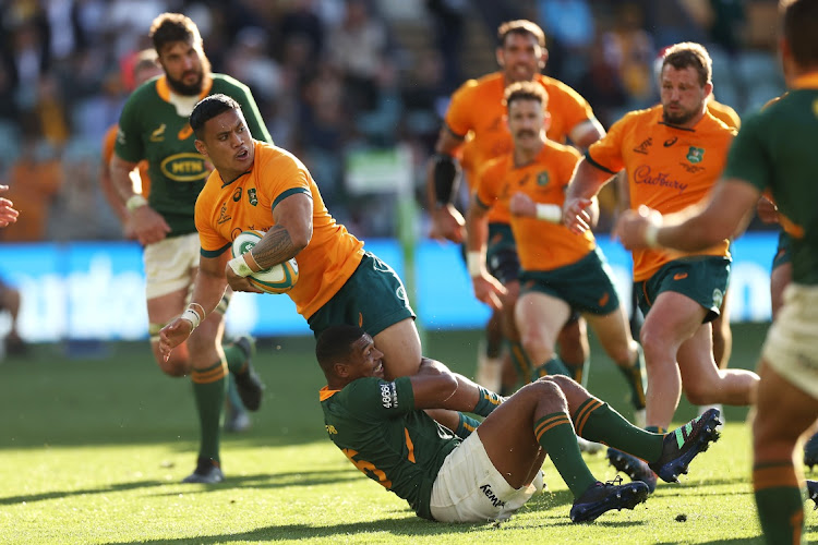 The Wallabies in action against the Springboks at Adelaide Oval on August 27 2022 in Adelaide, Australia. Picture: GETTY IMAGES/MARK KOLBE