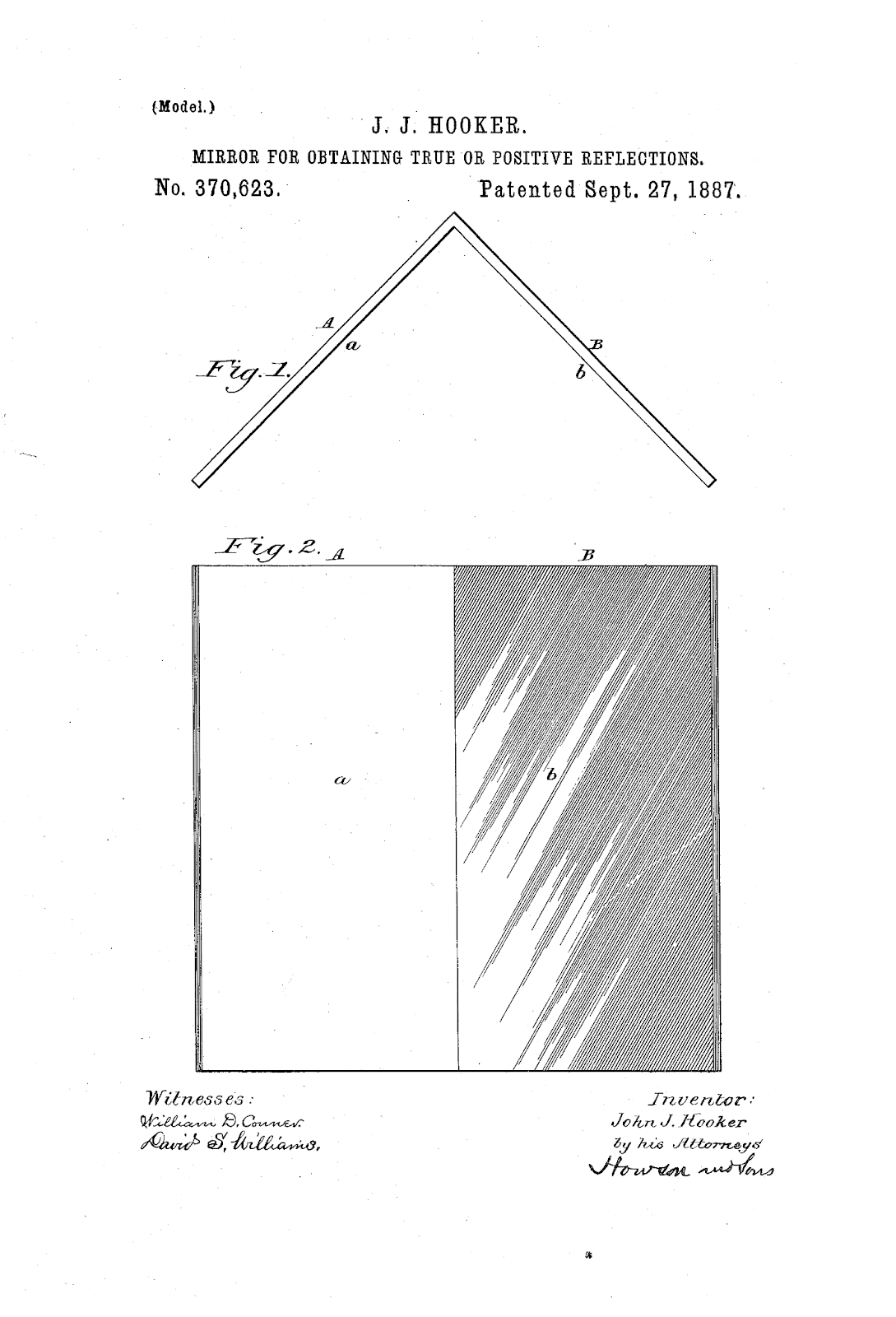An image of the patent of non-reversing mirror that was issued to John Hooker on 9/27/1887.