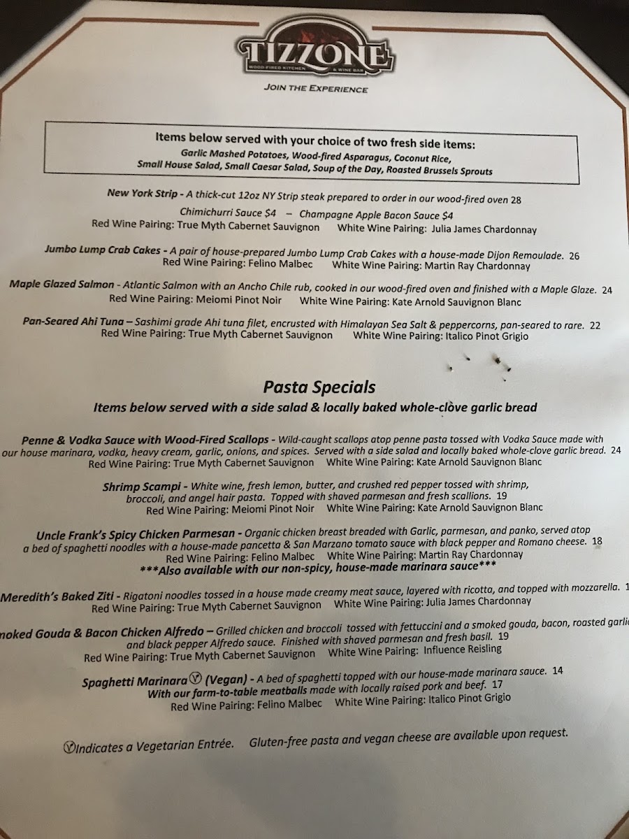 Tizzone Wood-Fired Kitchen & Wine Bar gluten-free menu