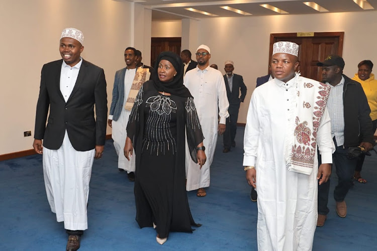 Machakos Governor Wavinya Ndeti with her deputy Francis Mwangangi when they hosted local Muslim community for Iftar dinner at Machakos White House office on Friday, April 14, 2023.