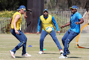 David Miller, Tabraiz Shamsi and Andile Phehlukwayo during a football session at the Tshwane University of Technology in Pretoria on September 4 2019. 