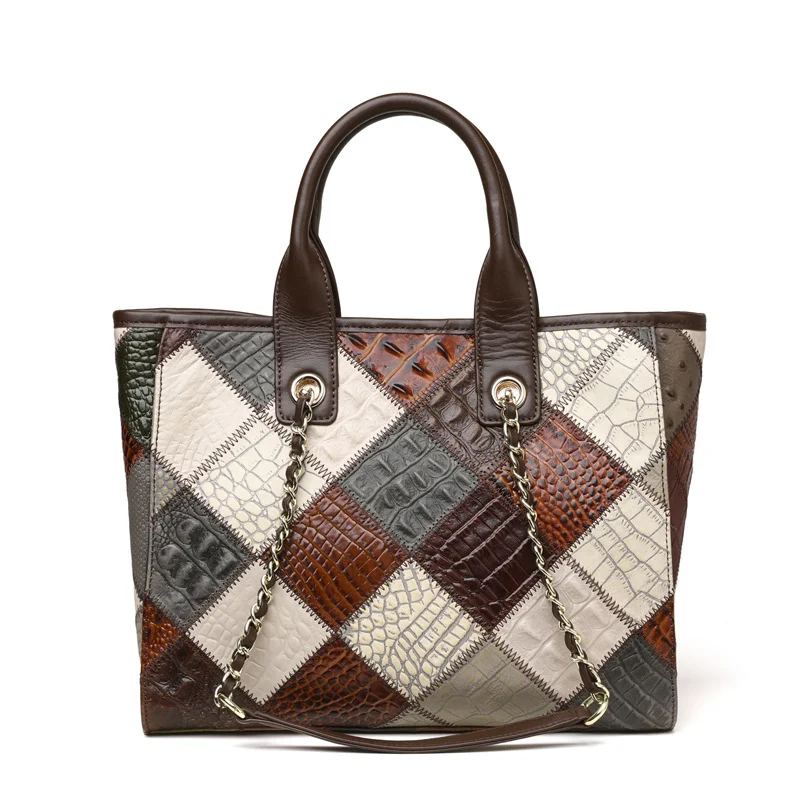 Women's Genuine Leather Bag, Light Luxury, High-Grade Contrast Color Plaid, Trendy Design, Direct from Factory.