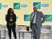 A file photo of MTN executive for Consumer Business Mapula Bodibe (L) with SA Rugby president Mark Alexander at a press conference in MTN head offices in Roodepoort, west of Johannesburg, on Thursday May 10 2018. 