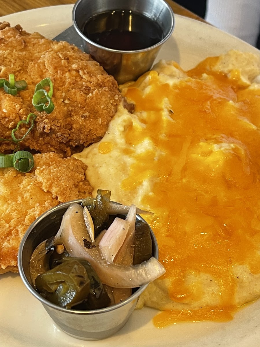 GF fried chicken and goat cheese grit. Yummmm