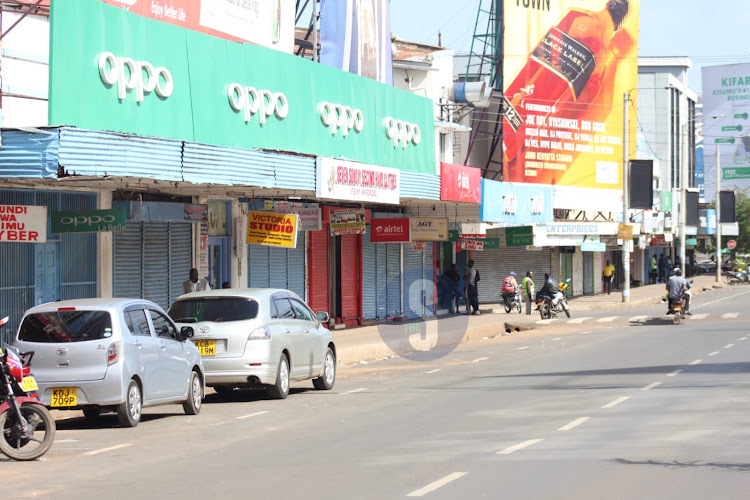 Closed shops along Oginga Odinga street a head of the planned Azimio demos on March 30, 2023.