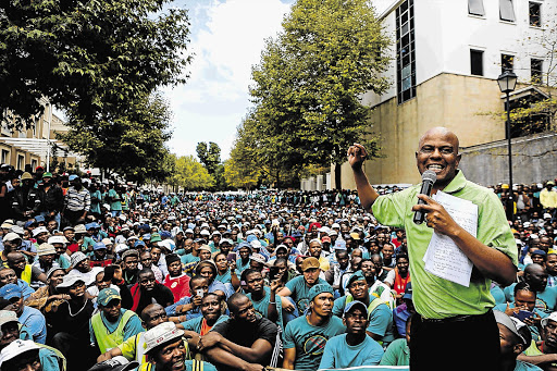 MARATHON STRIKE: Amcu president Joseph Mathunjwa addresses striking Amplats mineworkers.