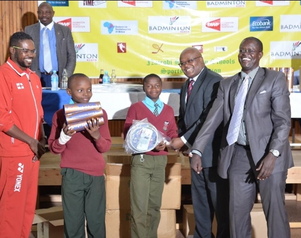 Shigoli (extreme left) donating Badminton Shuttle Time Equipment to primary schools courtesy of Badminton World Federation BWF