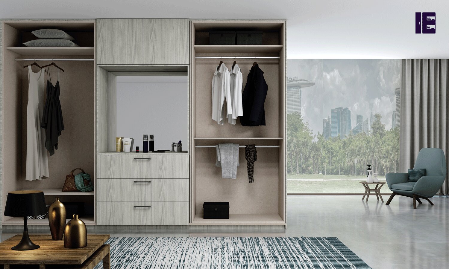 Hinged Door Wooden Wardrobe With Dressing Set in Washiba Light Grey Finish