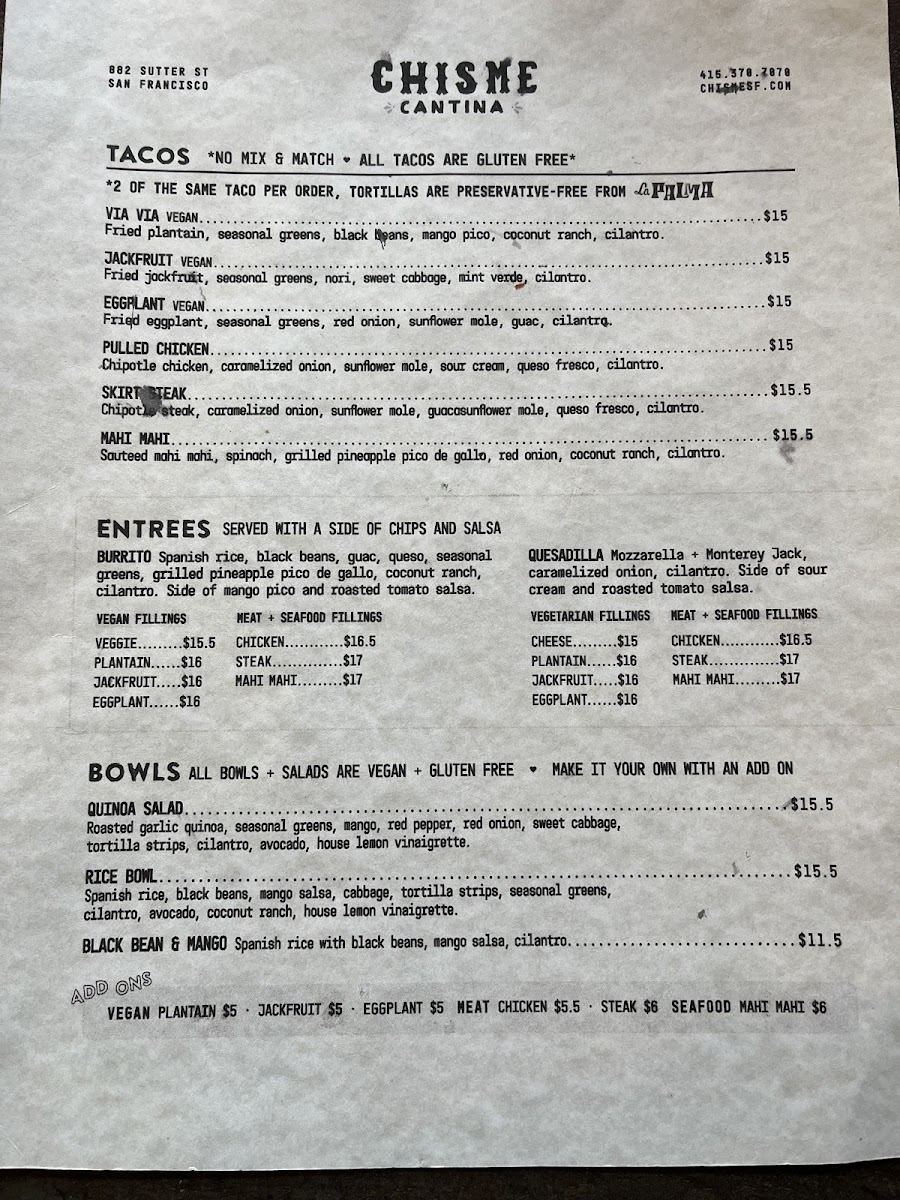 Chisme Cantina gluten-free menu