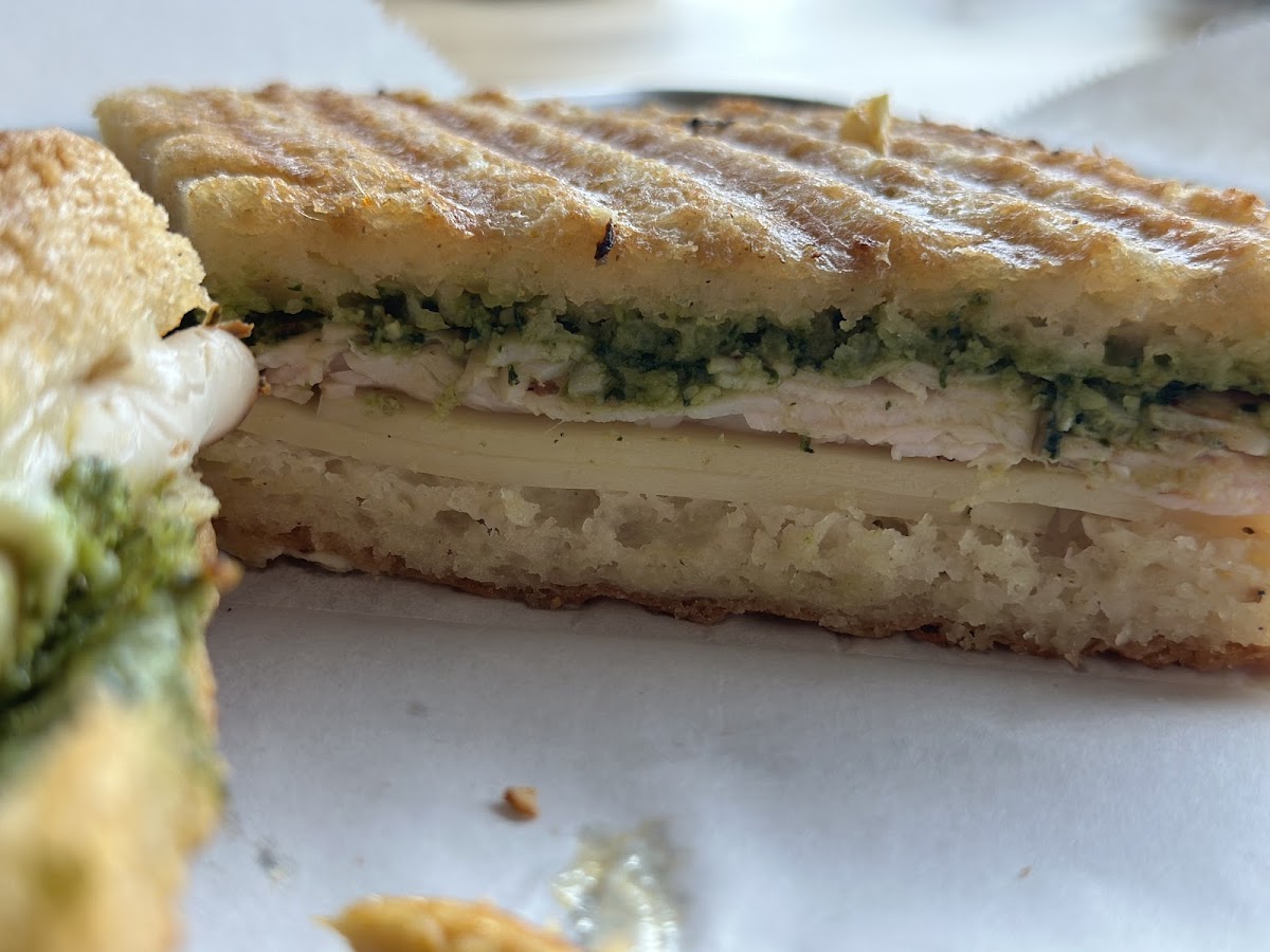 Gluten-Free turkey pesto on house made GF focaccia bread.