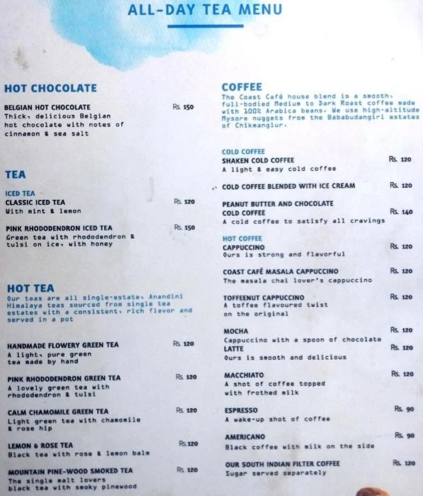 Coast Cafe menu 