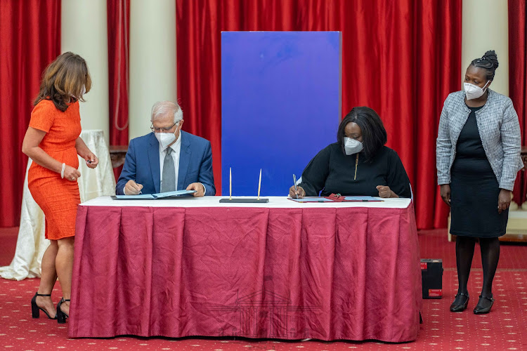 The Joint Declaration on the Kenya-European Union Strategic Dialogue was signed by Foreign Affairs CS Raychelle Omamo and visiting EU High Representative for Foreign Affairs and Security Policy Josep Borrell Fontelles at State House on Friday, January 28, 2022.