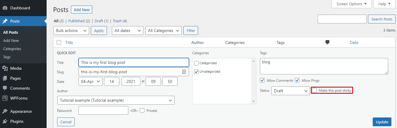 Fixando um post pelo menu de posts, na aba de edição rápida, do painel de controle do WordPress