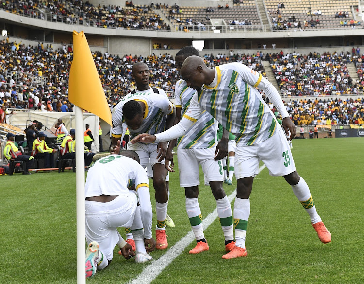 Knox Mutizwa of Lamontville Golden Arrows celebrates one of his goals in the DStv Premiership match against Kaizer Chiefs and Golden Arrows at Peter Mokaba Stadium in Polokwane on February 19 2022.