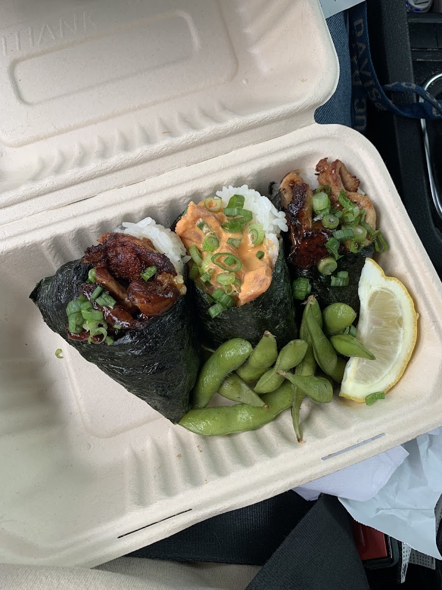 2 chicken teriyaki triangles and 1 ahi tuna triangle. Order 3 triangles get a side of edamame for free!