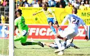 Khuliso Mudau scores Mamelodi Sundowns' opening goal in their Nedbank Cup semifinal win against Stellenbosch FC at Danie Craven Stadium in Stellenbosch on Sunday. 