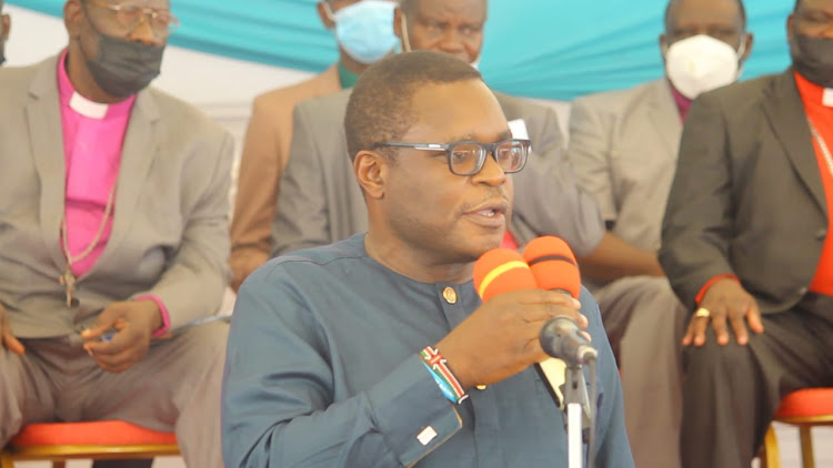 Senate Speaker Kenneth Lusaka at Ndengelwa Secondary School in Kanduyi constituency during the funeral service of Bishop Peter Murunga of Grace Community Church.