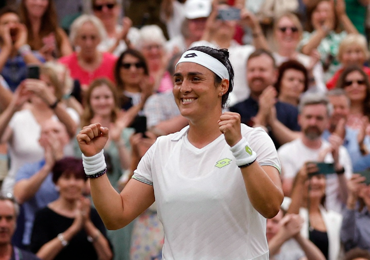 Tunisia’s Ons Jabeur celebrates winning her semi final match against Belarus’ Aryna Sabalenka.