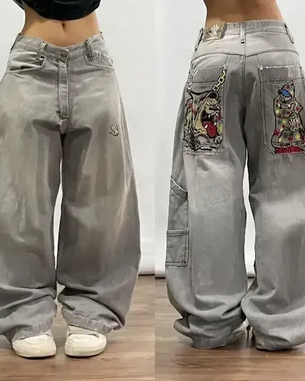 Street Vintage Jeans New Y2K Harajuku Graphic Wash blue B... - 1