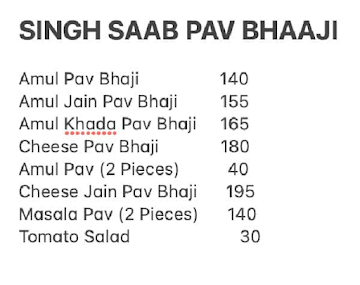 Singh Saab Pav Bhaji menu 