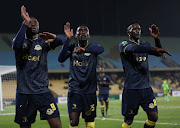 Fiston Kalala Mayele of Young Africans celebrates his goal with teammates during the CAF Confederation Cup 2022/23 semifinals second leg match against  Marumo Gallants at Royal Bafokeng Stadium in Rustenburg on 17 May 2023.