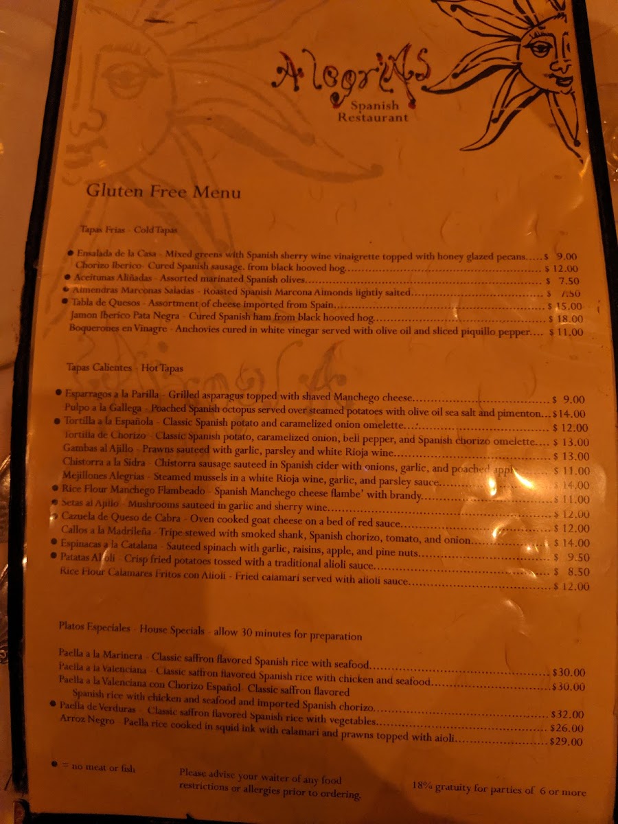 Alegrias gluten-free menu