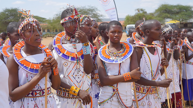 Girls wearing traditional Maasai regalia during the Day of the African Child at Elangata Wuas School in Kajiado. June 16, 2022.