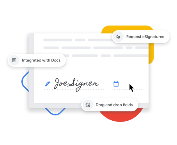 Représentation graphique de la fonctionnalité de signature électronique qui permet aux utilisateurs de glisser-déposer des champs de nom et de date, et s'intègre à Google Documents. 