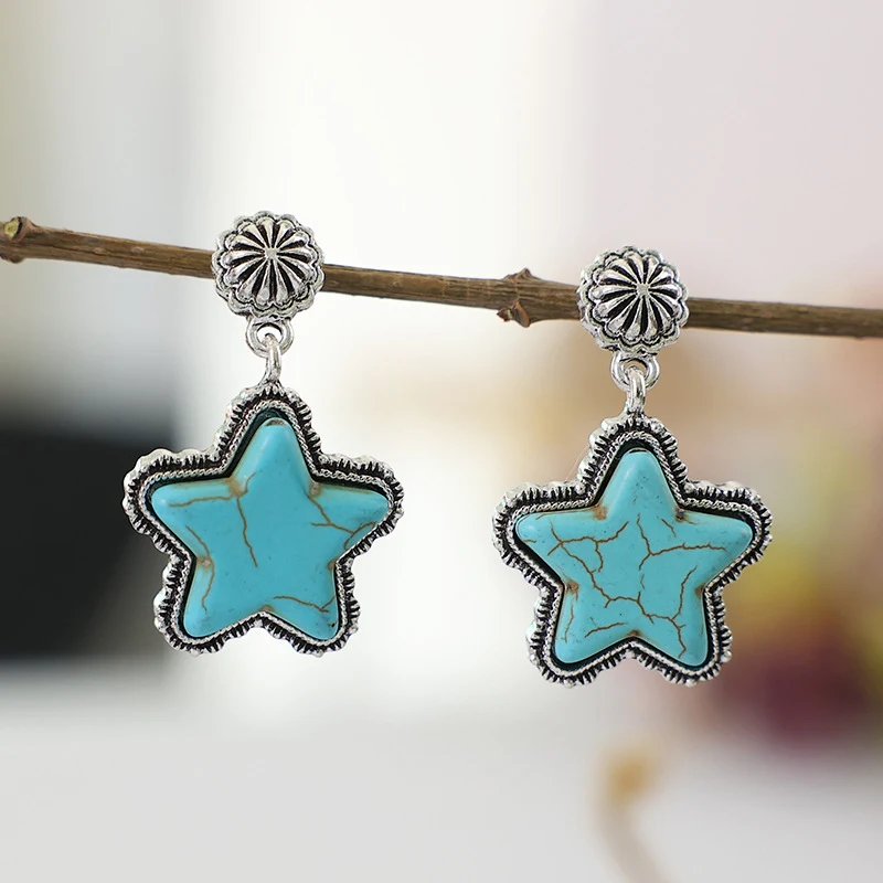 Boucles d'oreilles Grand Pentagramme Turquoise Créatives Bijoux Femme Élégance Mystique Cadeau Idéal Style Bohème