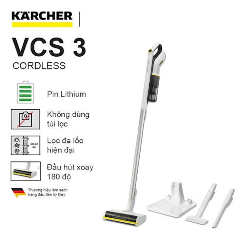 Máy hút bụi cầm tay Karcher VCS 3 Cordless, Máy hút bụi dùng pin 18V Lithium-ion, có độ ồn thấp