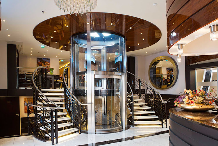 The classy atrium or foyer of AmaWaterways' AmaReina. 