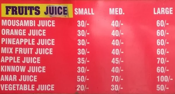 Standard Fruit Juices & Milk Shakes Corner menu 