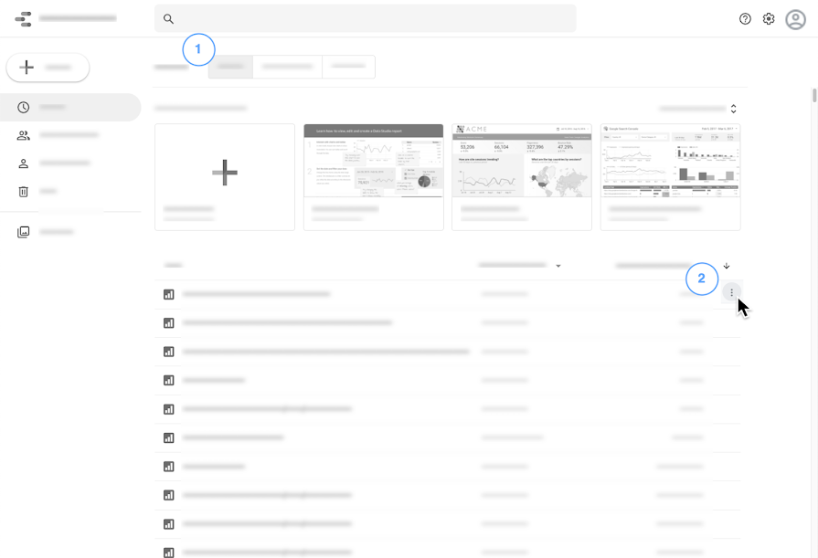 On the Looker Studio home page, a user hovers their cursor over a report name in the reports list to access the inline More options three-dot menu for the report.