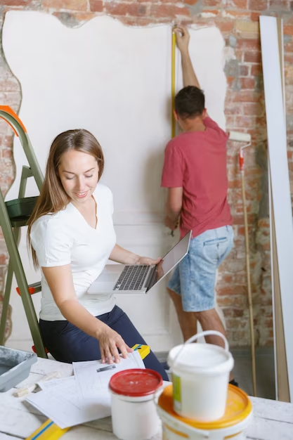 The guy and the girl are engaged in the construction of the studio