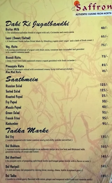 Saffron Restaurant menu 