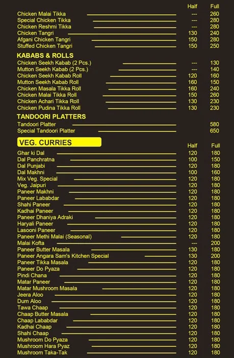 Sam's Kitchen N Curries menu 