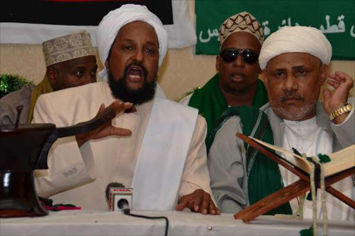 No to extremism: Abdullahi Sharif Ali, the Grand Mufti (Scholar) of Ethiopia and Sheikh Abdulkadir Al-Ahdi from Lamu during a press conference yesterday.