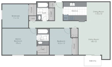 Classic Three Bed, Two Bath Floorplan Diagram