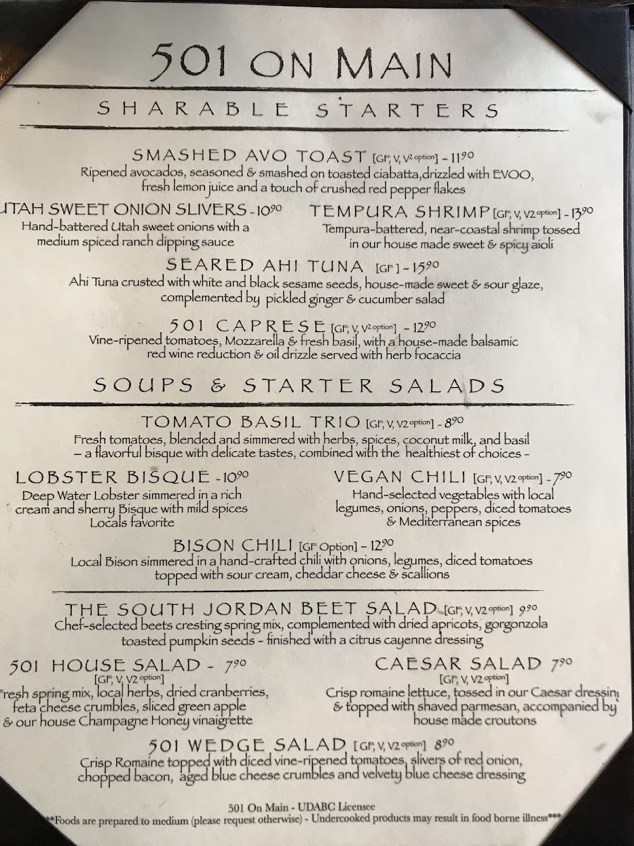 501 On Main gluten-free menu