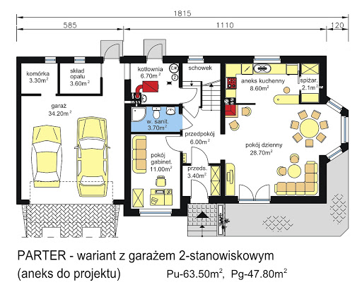 BW-03 z frontem południowym - Rzut parteru - propozycja adptacji - wersja z garażem 2-stanowiskowym