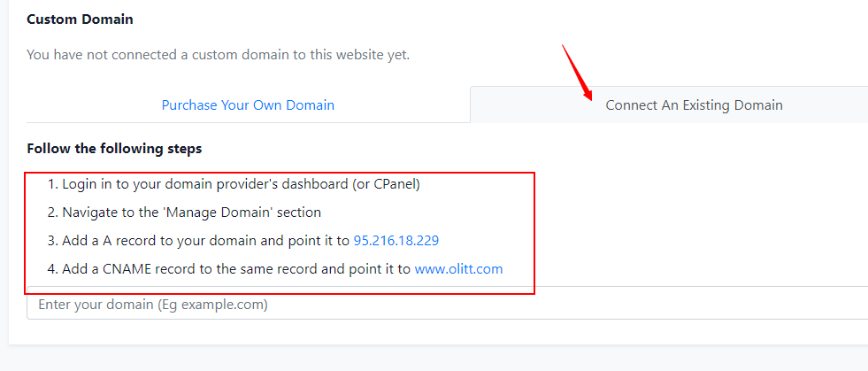 transferring domain to olitt website builder