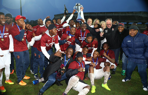 Thanda Royal Zulu FC players celebrate their promotion to the ABSA premiership during the National First Division match between Real Kings FC and Thanda Royal Zulu FC at Sugar Ray Xulu Stadium on May 14, 2017 in Durban, South Africa.