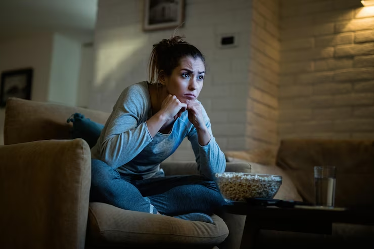 Woman Watching Movie at Night