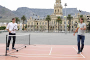 Roger Federer and Rafael Nadal in action on the Grand Parade in Cape Town on February 7 2020.