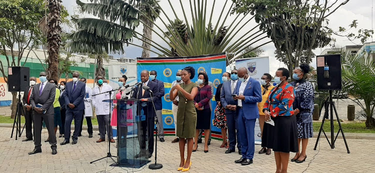 Health CS Mutahi Kagwe addresses the press during an update of the coronavirus in the country at the Kenyatta National Hospital on Monday, April 20, 2020.