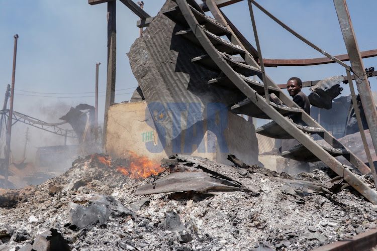 Property of unknown value has been destroyed by fire at Gikomba market on Monday November 8, 2021. PHOTO/WILFRED NYANGARESI.