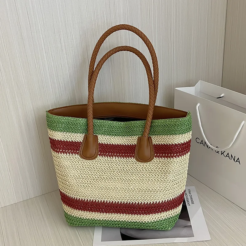Grand sac fourre-tout de plage rayé en herbe tressée, grande capacité, idéal pour transporter toutes vos affaires de plage.